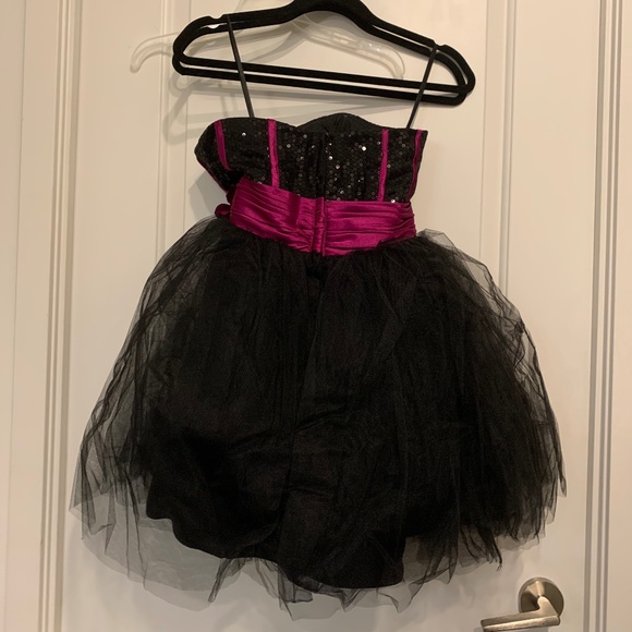 Black strapless mini tulle dress with purple and sequin details - Picture 2 of 5